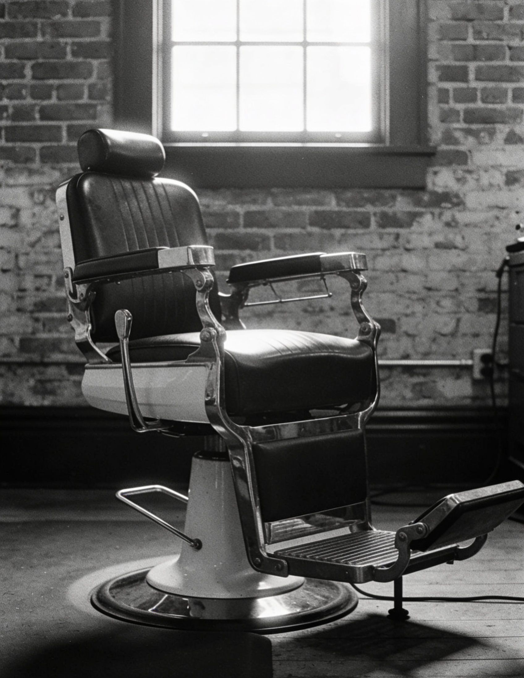 Cadeira de barbeiro no ambiente da Bernard Barbearia, fotografia editorial em preto e branco