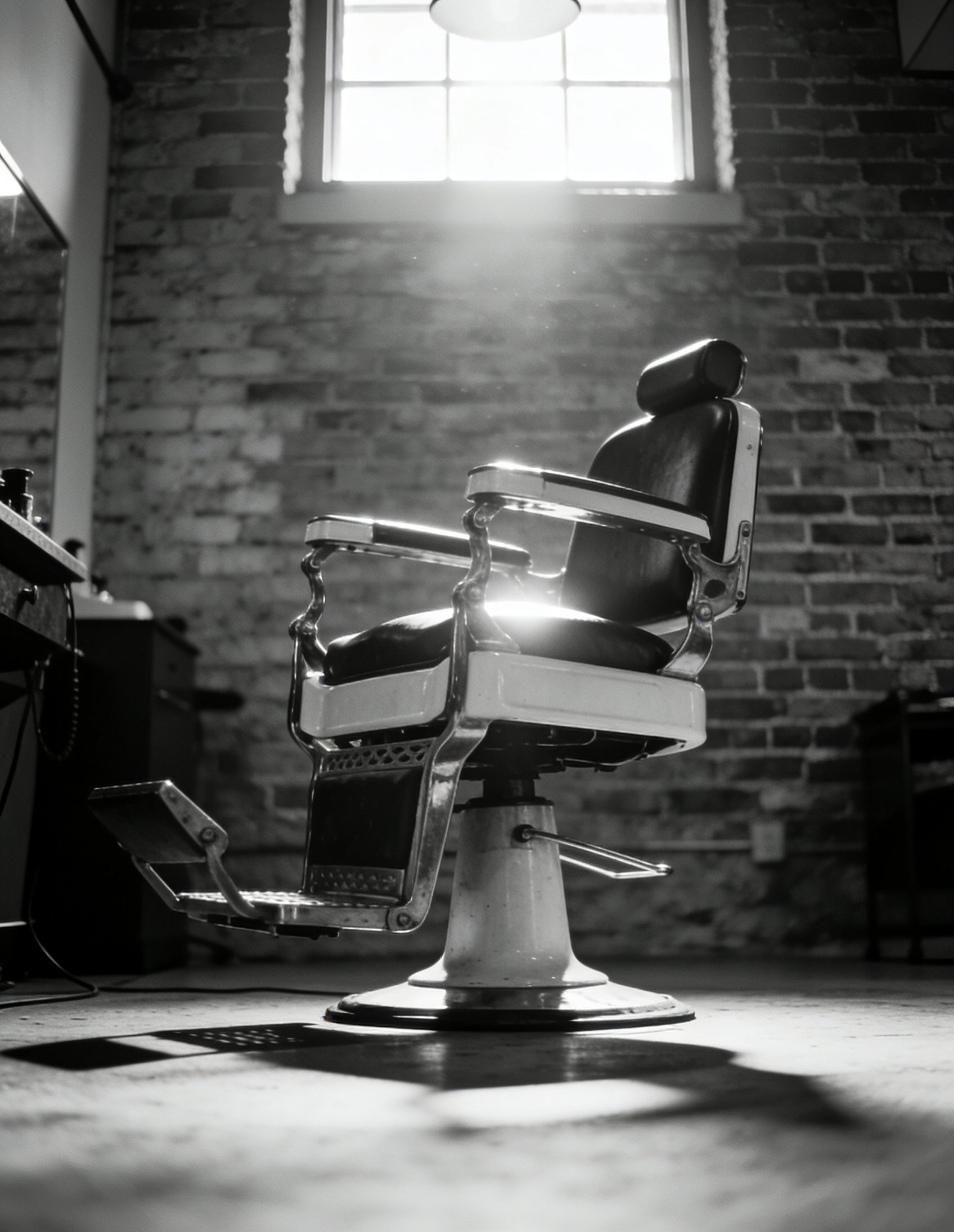 Cadeira de barbeiro em ambiente com tijolos aparentes, fotografia editorial preto e branco da Bernard Barbearia
